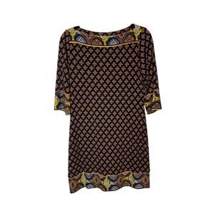 Geometric Print Shift Dress • Black Base with Yellow & Rust Accents • Size Small